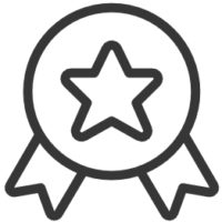 Black and white line drawing of an award ribbon with a star in the center.