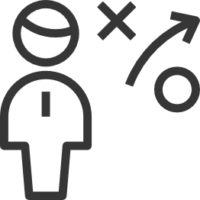 Outline of a person with a sports strategy diagram, including an "X," a line with an arrow, and a circle, indicating planning or coaching in sports.
