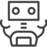 Simple black and white line drawing of a robot with a rectangular head, two round eyes, and raised arms.