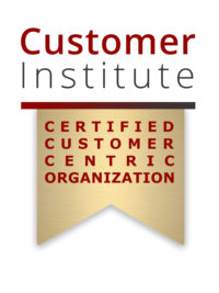 Customer Institute badge with text: "Certified Customer Centric Organization" on a gold ribbon under the institute’s name.