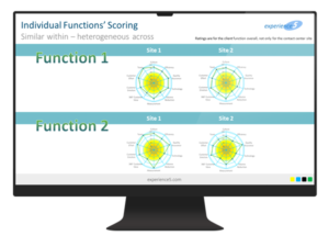 A computer monitor displays radar charts comparing scoring for Function 1 and Function 2 across Site 1 and Site 2, with data visualized for each site and function.