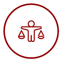 Red outline of a person holding scales inside a red circle, symbolizing balance or justice, on a white background.