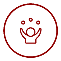 Red line icon of a person juggling three balls inside a circular border on a white background.