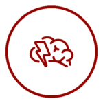 Red outline of a brain with a lightning bolt through it, centered inside a red circle on a white background.