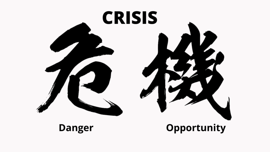 The image shows the word "CRISIS" above two Chinese characters, labeled "danger" on the left and "opportunity" on the right.