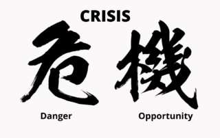 The image shows the word "CRISIS" above two Chinese characters, labeled "danger" on the left and "opportunity" on the right.