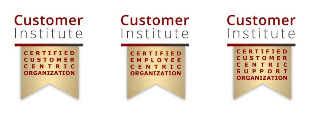 Three gold badges from Customer Institute read: "Certified Customer Centric Organization," "Certified Employee Centric Organization," and "Certified Customer Centric Support Organization.