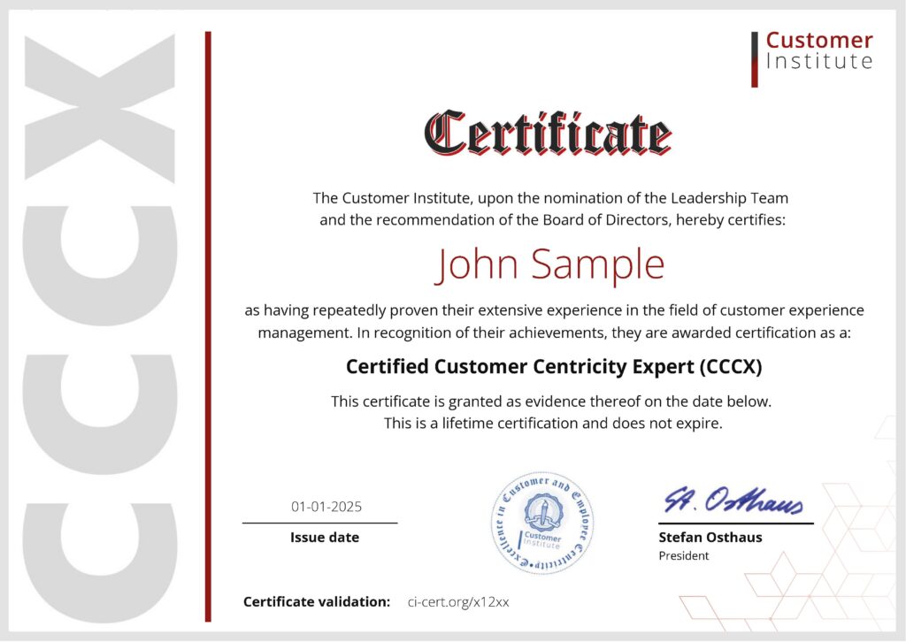 A certificate awarded to John Sample for becoming a Certified Customer Centricity Expert (CCCX) by the Customer Institute, dated 01-01-2025.