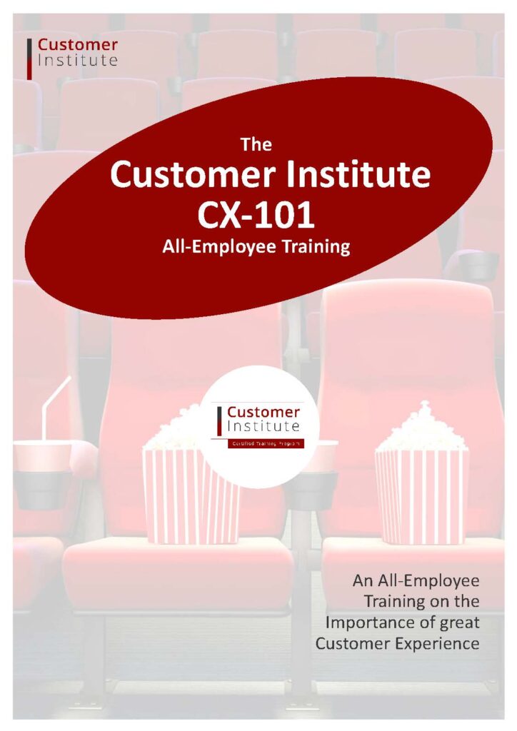 A training brochure for Customer Institute CX-101 All-Employee Training, featuring popcorn and theater seats, emphasizing the importance of customer experience.