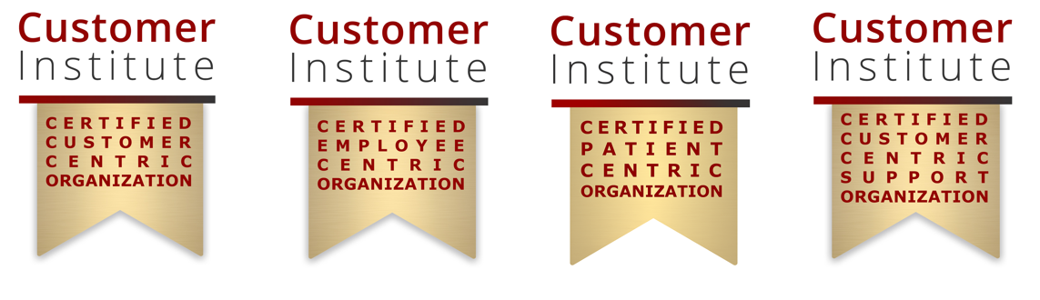Four gold and red award badges display certifications from the Customer Institute for customer centricity, employee centricity, patient centricity, and customer support.