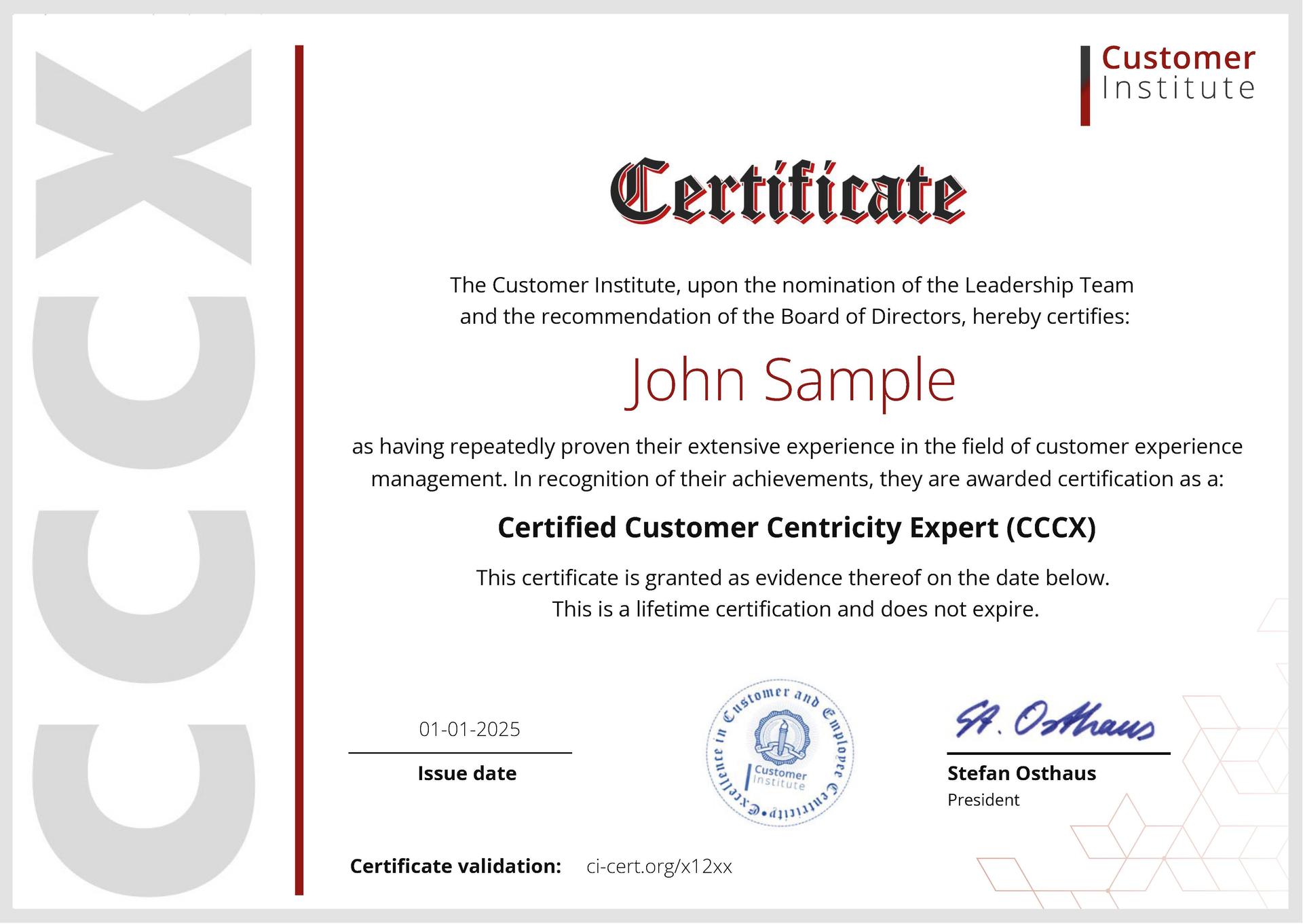 A certificate awarded to John Sample by the Customer Institute, certifying him as a Certified Customer Centricity Expert (CCCX), dated 01-01-2025.