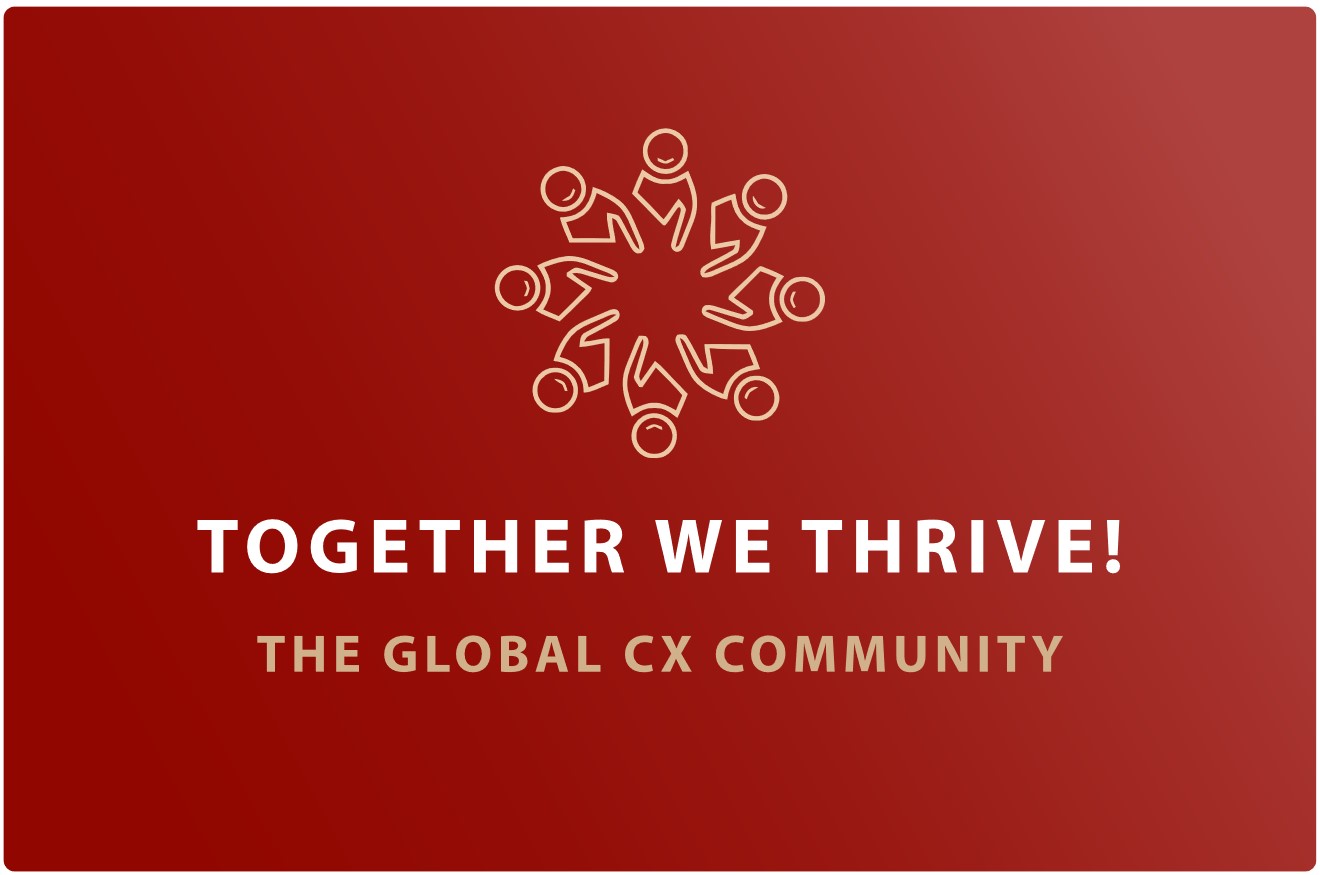 A red background with a circular icon of people holding hands and the text "TOGETHER WE THRIVE! THE GLOBAL CX COMMUNITY.