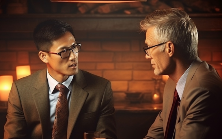 Two men in suits and glasses have a serious conversation in a dimly lit room with candles and a brick wall in the background.