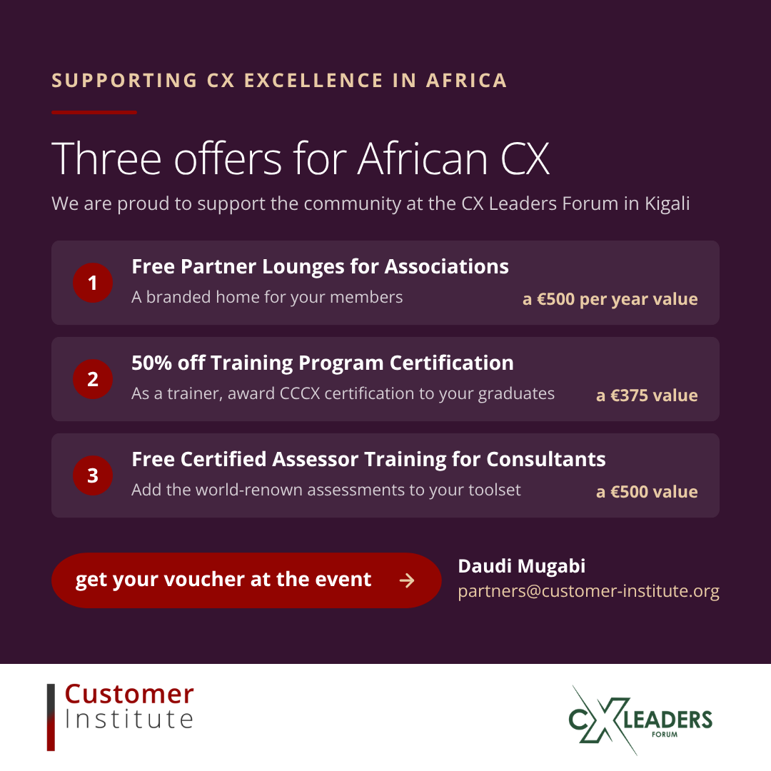 Promotional graphic listing three CX offers in Africa: free partner lounges, 50% training discount, and free assessor training, with contact info and event branding.