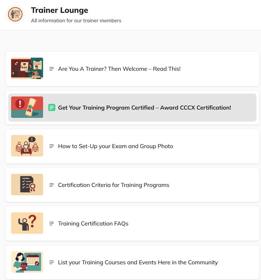 A webpage titled "Trainer Lounge" displays a list of trainer resources, including certification info, FAQs, and instructions for setting up exams and listing training events.