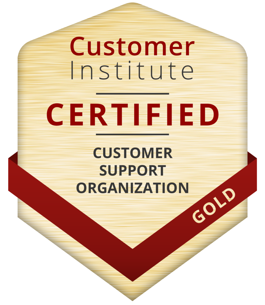Gold badge reading "Customer Institute Certified Customer Support Organization" with a red diagonal ribbon labeled "Gold.