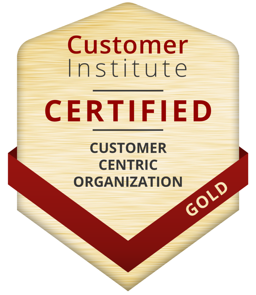 A gold badge reading "Customer Institute Certified Customer Centric Organization" with a red banner labeled "Gold.