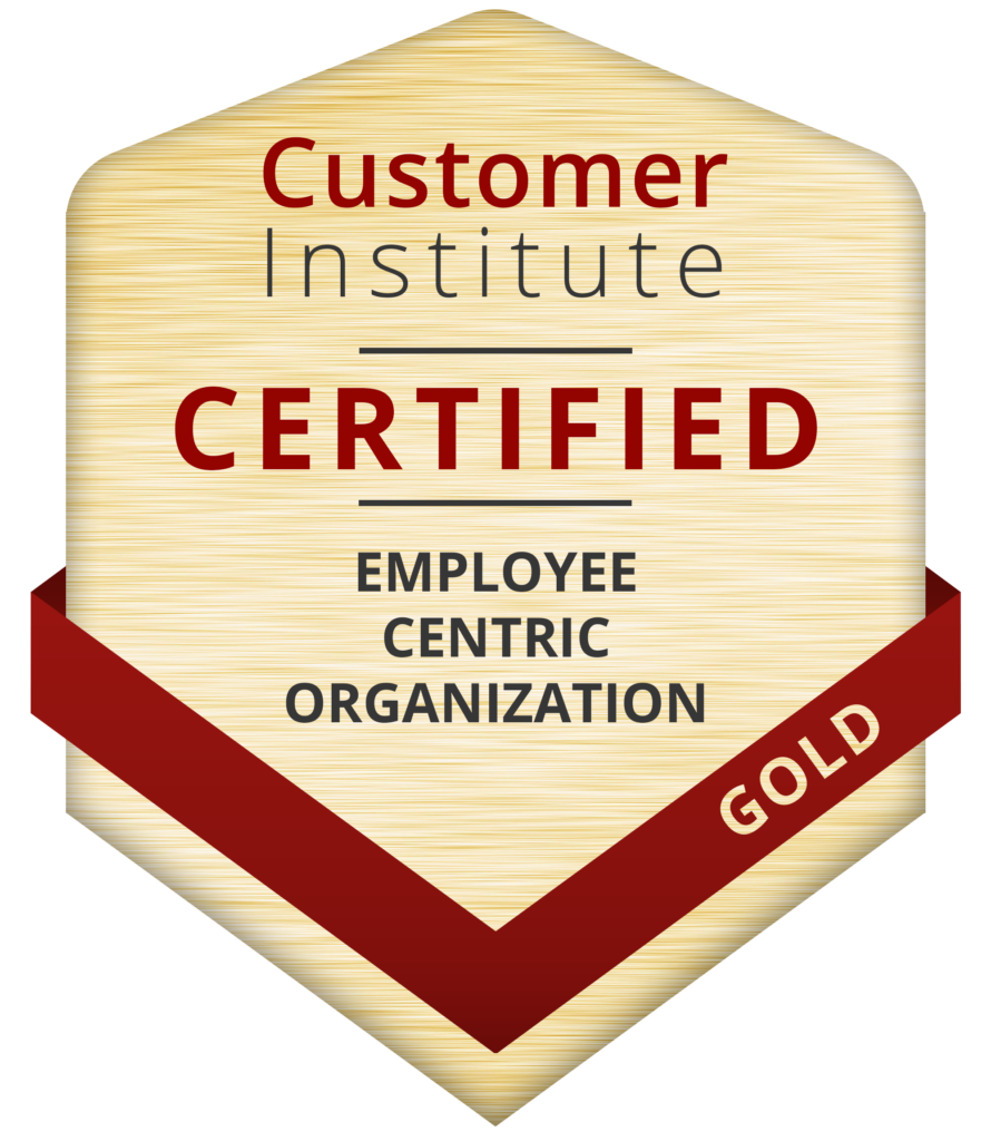 Gold badge with text: "Customer Institute Certified Employee Centric Organization" and a red ribbon labeled "Gold.