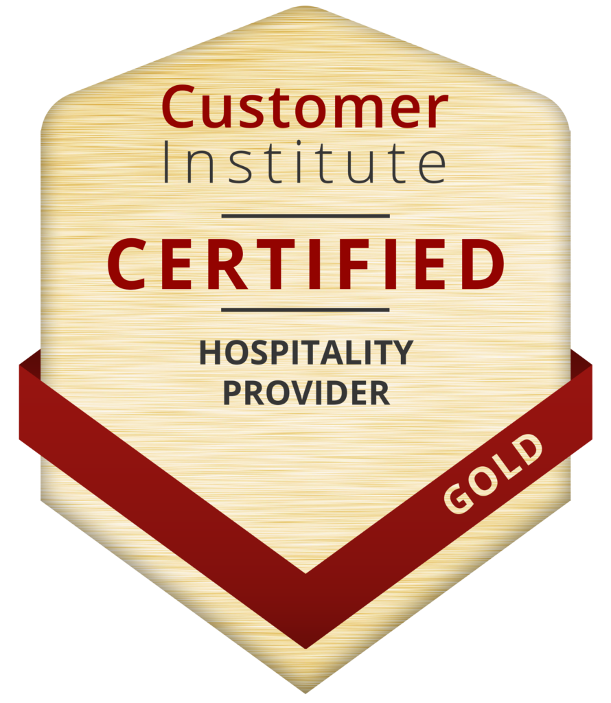Gold badge labeled "Customer Institute Certified Hospitality Provider" with a red ribbon at the bottom displaying the word "GOLD.