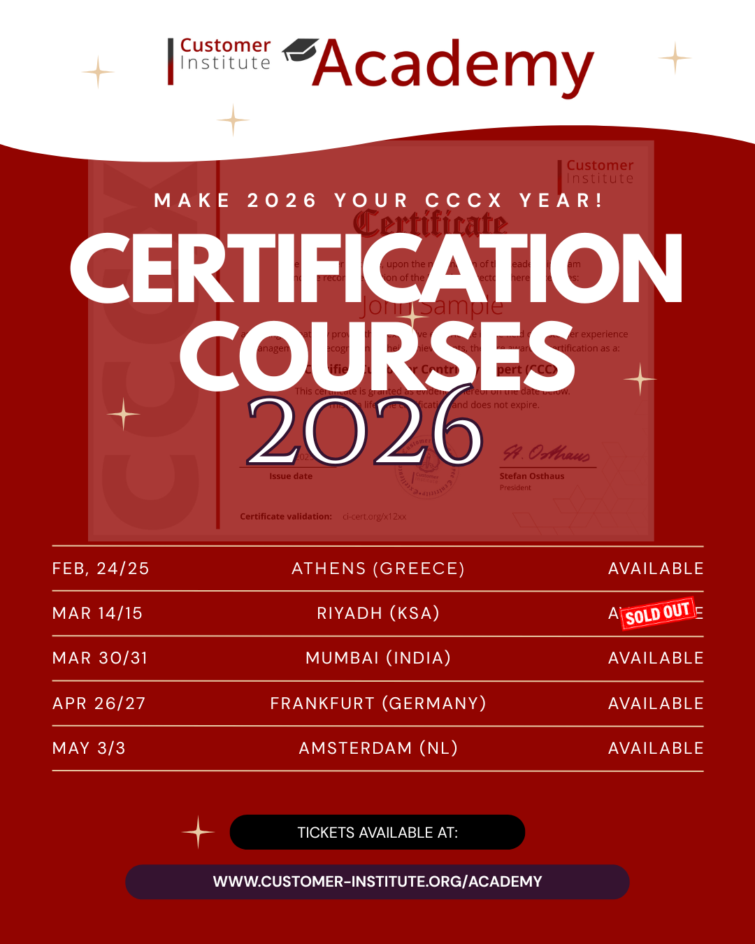 Customer Institute Academy certification course dates for 2026 are listed for Athens, Riyadh, Mumbai, Frankfurt, and Amsterdam, with most courses available and one sold out.