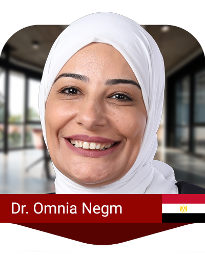 A woman wearing a white hijab and a dark top smiles at the camera. Text reads "Dr. Omnia Negm" with an Egyptian flag icon below.