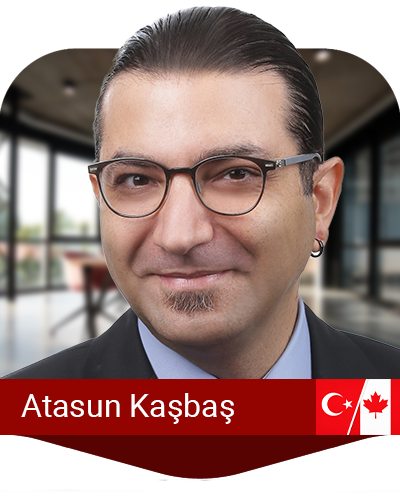 A man with glasses and slicked-back hair wearing a suit, with "Atasun Kaşbaş" and Turkish and Canadian flags displayed at the bottom.