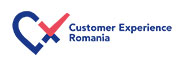 Logo for Customer Experience Romania with a blue heart shape and a red checkmark, followed by the text "Customer Experience Romania" in blue font.