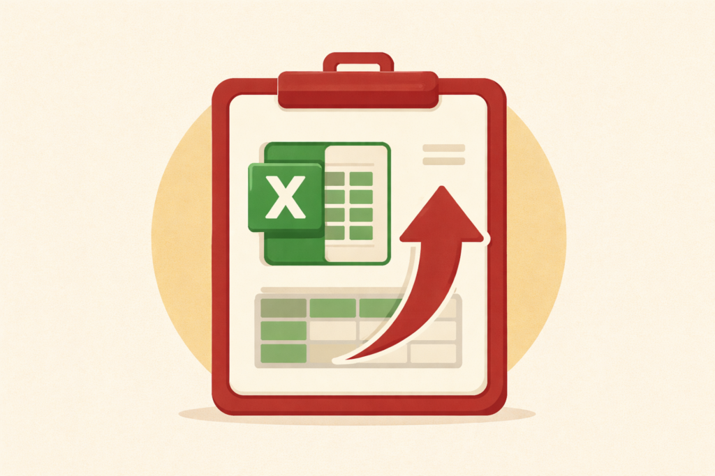 Illustration of a clipboard with an Excel spreadsheet and a large upward red arrow, suggesting data analysis, organization, or improvement using Excel.