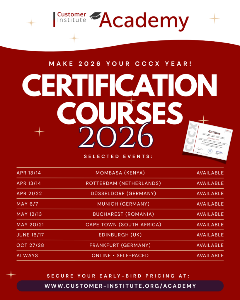 Promotional poster for Customer Institute Academy’s 2026 certification courses, listing event dates and locations in various cities, with registration details and a sample certificate image.