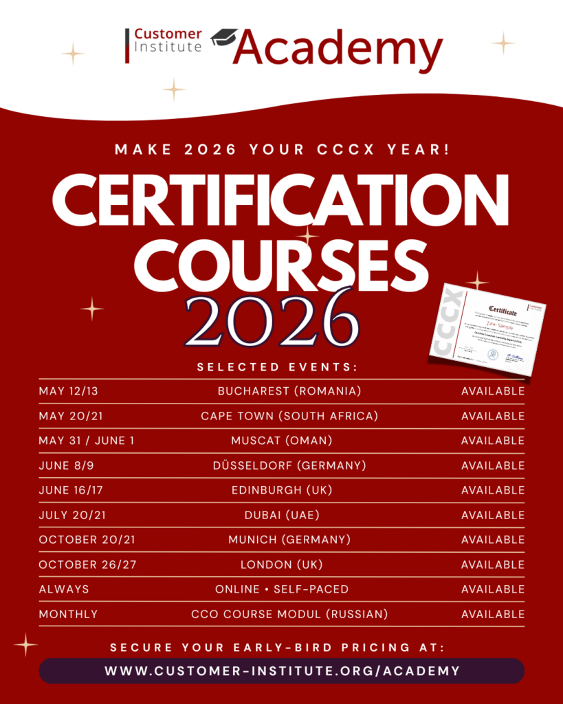 Promotional flyer listing 2026 Customer Institute Academy certification courses with event dates, locations, and availability status, on a red background with an image of a certificate.