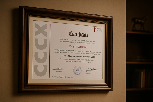 A framed certificate with the name John Sample hangs on a beige wall. The certificate features official seals and text recognizing customer service impact.