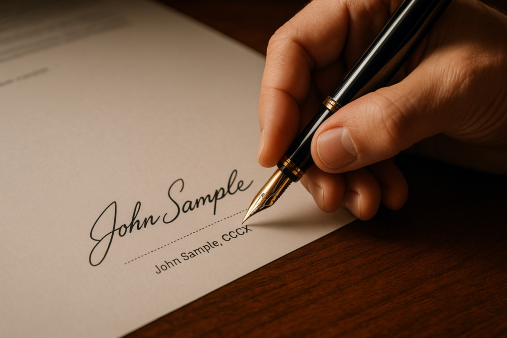 A hand holding a fountain pen signs a document with the name "John Sample" on a wooden desk.