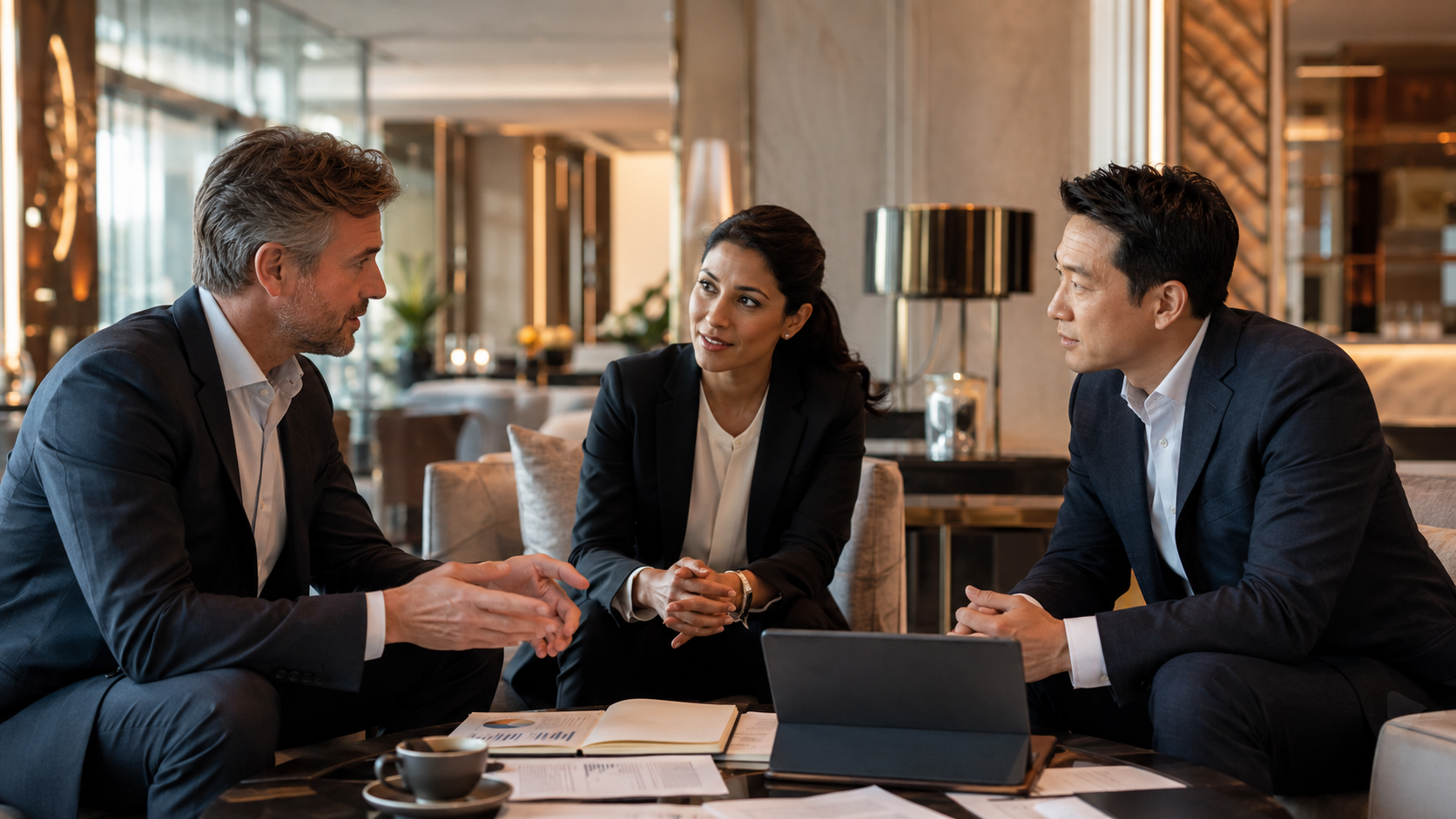 Three business professionals in suits sit at a table with documents and a laptop, engaged in a serious conversation in a modern office setting.