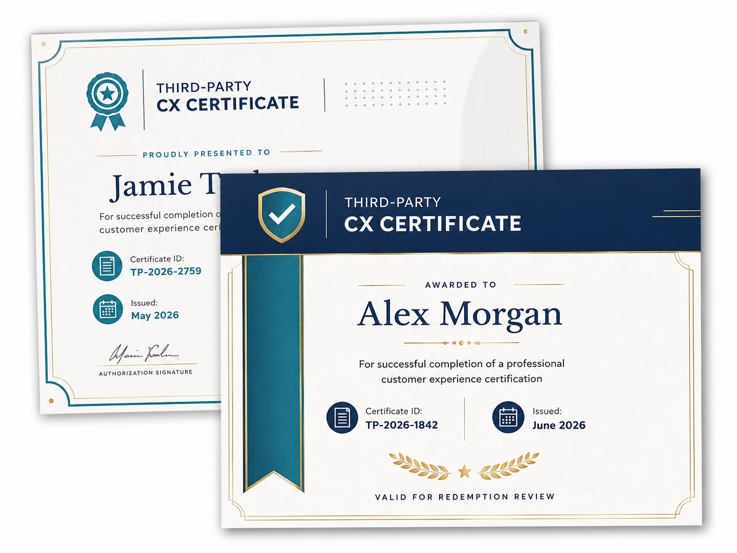 Two overlapping customer experience certificates, one awarded to Jamie T. (May 2026) and another to Alex Morgan (June 2026), both displaying completion and certificate details.